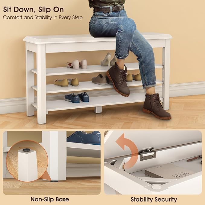 Shoe Rack Bench Seat Rubberwood 3-Tier Wooden Storage Bench 550lbs Compact Mid-Century Modern Design for Entryway, Hallway, Closet, Front Door Entrance, Foyer-NeatNest