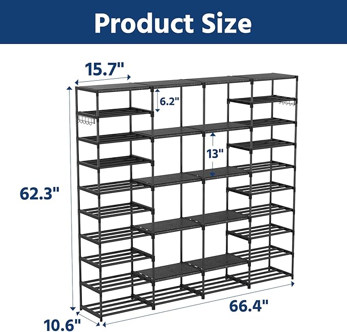 Shoe Rack Large Capacity 4 Rows 10 Tier for 60-64 Pairs, Space Saving Shoes Sturdy DIY Storage Organizer Shelf for Entryway, Garage, Closet, Bedroom, Black-NeatNest