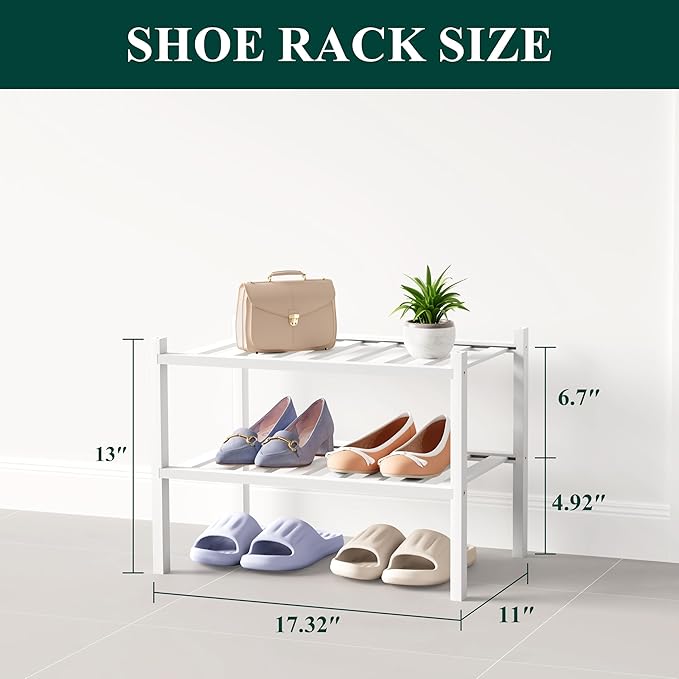 Smiry Bamboo Shoe Rack for Closet, 2 Tier Small Wooden Stackable Shoe Organizer, Free Standing Shoes Storage Shelf for Entryway, Front Door Entrance, White-NeatNest