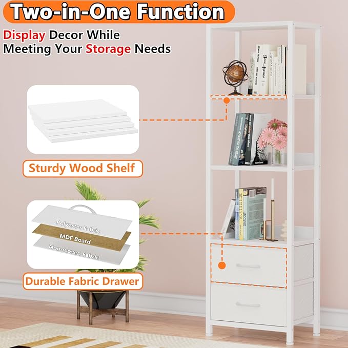 Furnulem 4-Tier Corner Shelf, Bookshelf with 2 Storage Drawers, 57.28”Tall Narrow Bookcase, Standing Shelf Organizer Unit for Living Room, Bedroom, Metal Frame, Wood Display Shelf