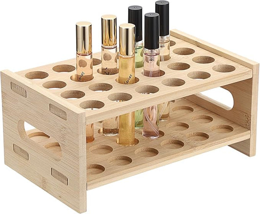 ELLDOO Rollerball Perfume Organizer, 24 Spaces Bamboo Perfume Storage Holder Beauty Scent Holder with Handle, Makeup Lipgloss Lipstick Display Case-NeatNest