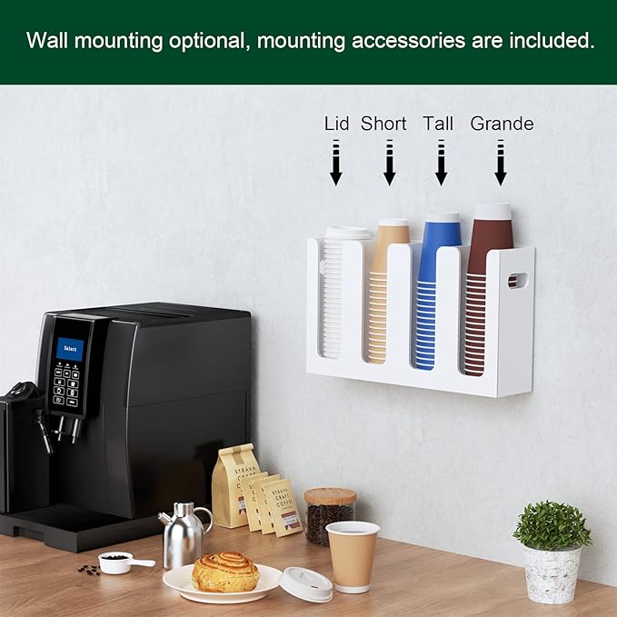 Disposable Coffee Cup Dispenser with Handles, Countertop or Wall Mount Hot/Cold Drink Cup and Lid Holder - Bathroom/Kitchen/Office Acrylic Cup Lid Storage Organizer (4 Compartments, White)