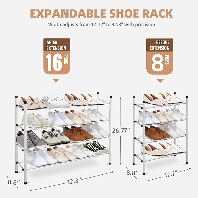 STORAGE MANIAC Expandable Shoe Rack, 16 Pairs Stackable Small Shoe Rack, Metal Adjustable Shoes Organizer for Closet, Entryway, Hallway, Garage, Front Door, Shoes Shelves, White 4 Tier-NeatNest