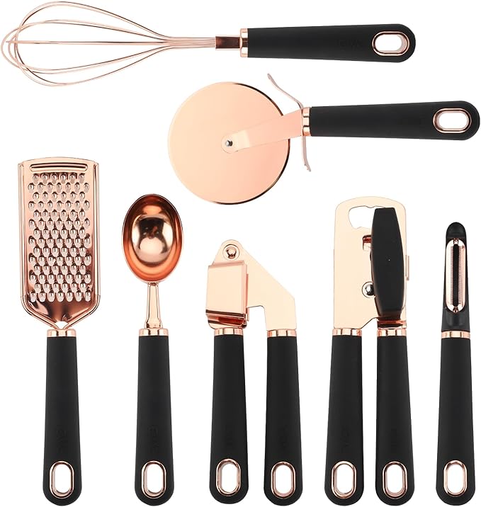 COOK WITH COLOR Kitchen Gadget Set Copper Plated Stainless Steel Utensils with Soft Touch Handles, Copper Black, 7 Pieces-NeatNest