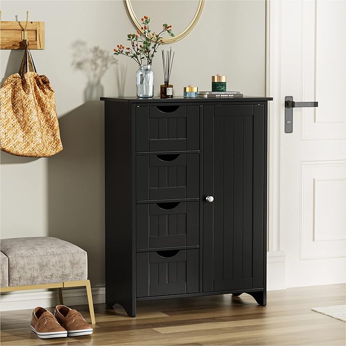 JUMMICO Bathroom Storage Cabinet, Floor Cabinet with 4 Drawers and 1 Adjustable Shelf, Storage Oragnizer for Living Room, Kitchen, Bathroom (Black)