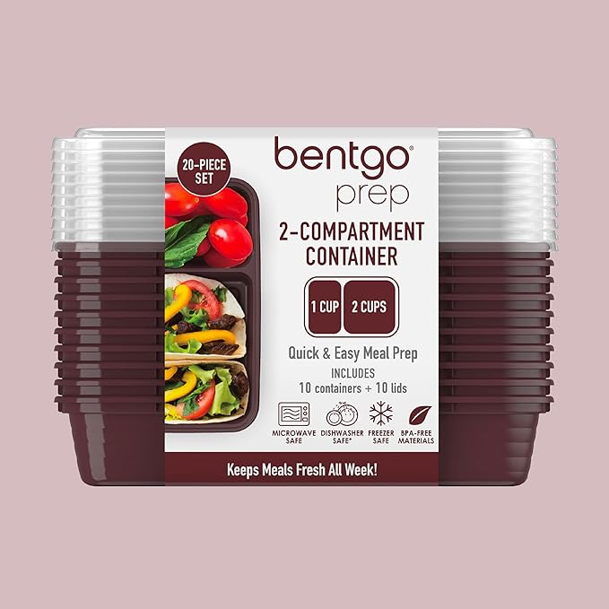 Bentgo 20-Piece Lightweight, Durable, Reusable BPA-Free 2-Compartment Containers - Microwave, Freezer, Dishwasher Safe - Burgundy-NeatNest