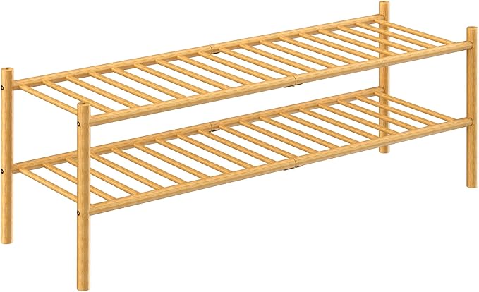 2-Tier Bamboo Long Shoe Rack, Free Standing Wood Shoe Shelf Storage Organizer for Closet Entryway Stackable 35"x11"x13" (Natural)-NeatNest