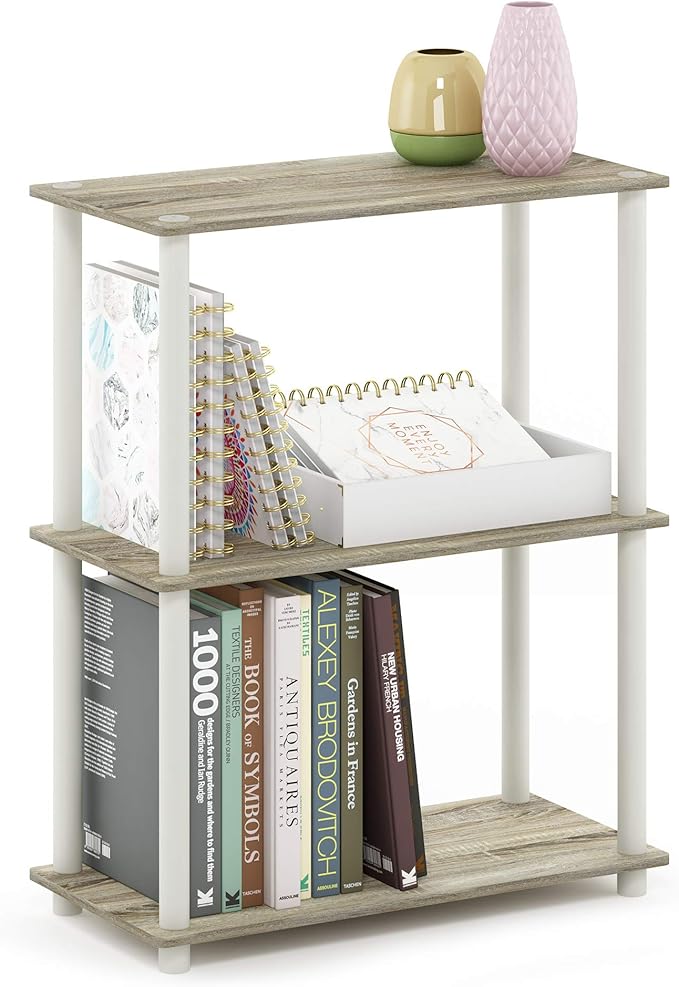 Furinno Turn-N-Tube 3-Tier Compact Multipurpose Shelf Display Rack, Sonoma Oak/White-NeatNest