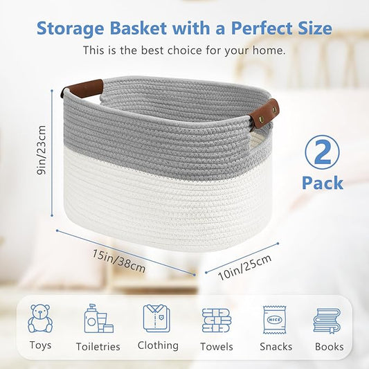 Cotton Rope Storage Baskets,15x10x9 in,Collapsible Storage Bins, Decorative Woven Basket Cube Storage Organizer for Laundry, Towel, Clothes (White/Grey-2Pack, 15x10x9 inches)-NeatNest