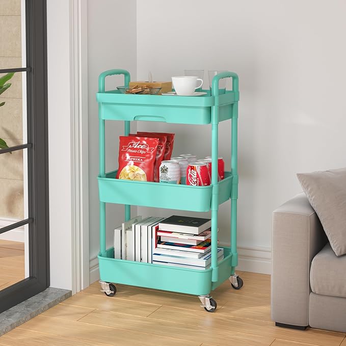 Calmootey 3-Tier Rolling Utility Cart with Drawer,Multifunctional Storage Organizer with Plastic Shelf & Metal Wheel,Storage Cart for Kitchen,Bathroom,Living Room,Office,Green-NeatNest