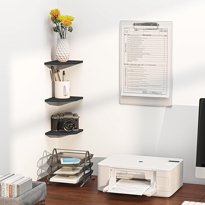 Corner Shelf Wall Mount, Floating Corner Shelves, Set of 3 Corner Wall Shelf Organizer, Rustic Wood Wall Storage Display Shelves for Living Room Bedroom Bathroom Kitchen, Classic Black-NeatNest