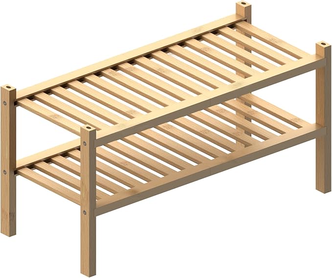 (Thick Bamboo Shoe Rack for Entryway, 2-Tier Free Standing Shoe Racks Stackable Shoe Rack Organizer for Hallway Closet Living Room 27 x12 x14 Inches-NeatNest