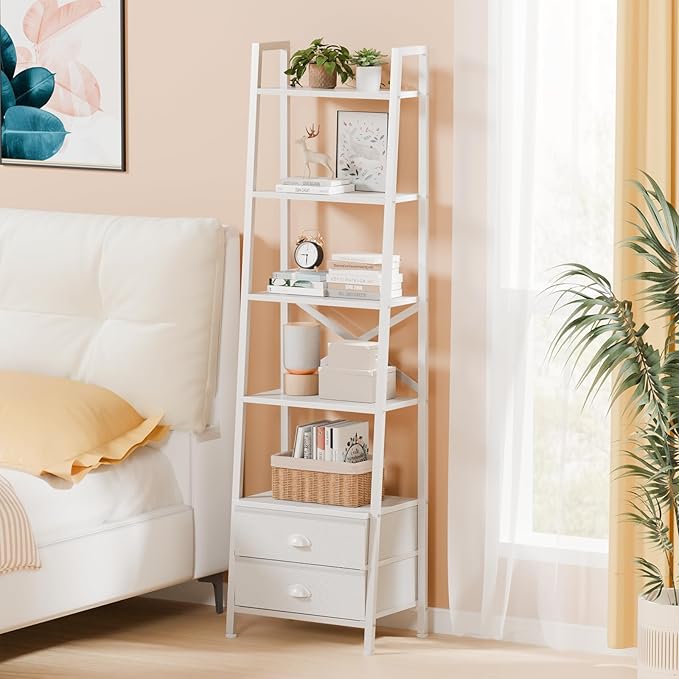 Furologee 5-Tier Ladder Shelf with 2 Drawers,Narrow Bookshelf Storage Shelves,Industrial Bookcase Freestanding Rack Units for Bedroom,Living Room,Bathroom,Home Office,Balcony,Wood Metal, White