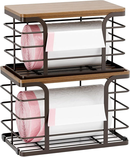 2 Pack Storage Stackable Kitchen Laundry Pantry Organizers,Wall Mount Trash Bag Holder Dispenser with Bamboo Top Countertop Organizer,Brown-NeatNest