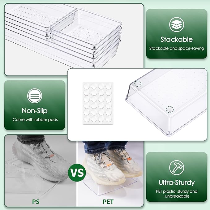 Criusia Drawer Organizer Set, Acrylic Non Slip Non Cracking Kitchen Drawer Storage Tray Large Size Divider, Multifunctional Storage for Cosmetics, Bathroom, Tools, Kitchen and Office (8 PACK)-NeatNest