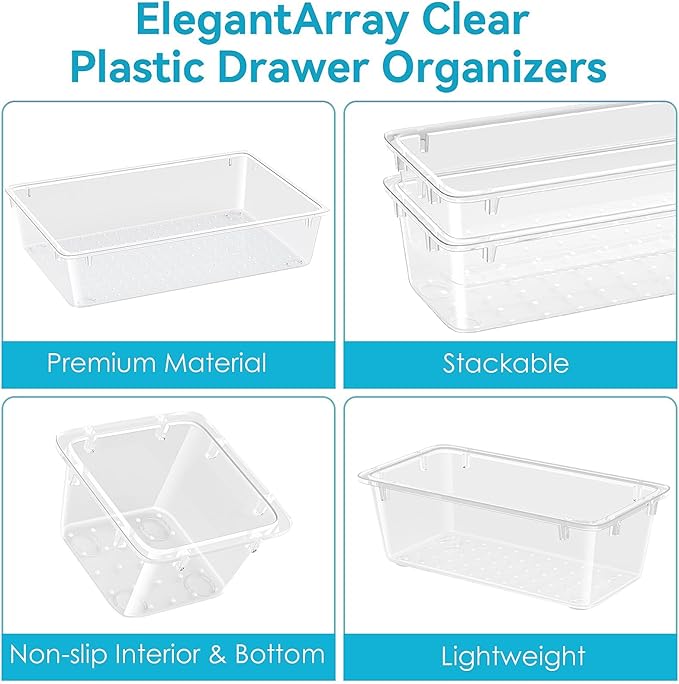 12 PCS Drawer Organizer Set, 4 Sizes Storage Drawer Units, Clear Plastic Makeup Vanity Organizer and Storage Bins for Makeup, Stationeries, Multiple Gadgets for Bathroom, Office, Bedroom-NeatNest