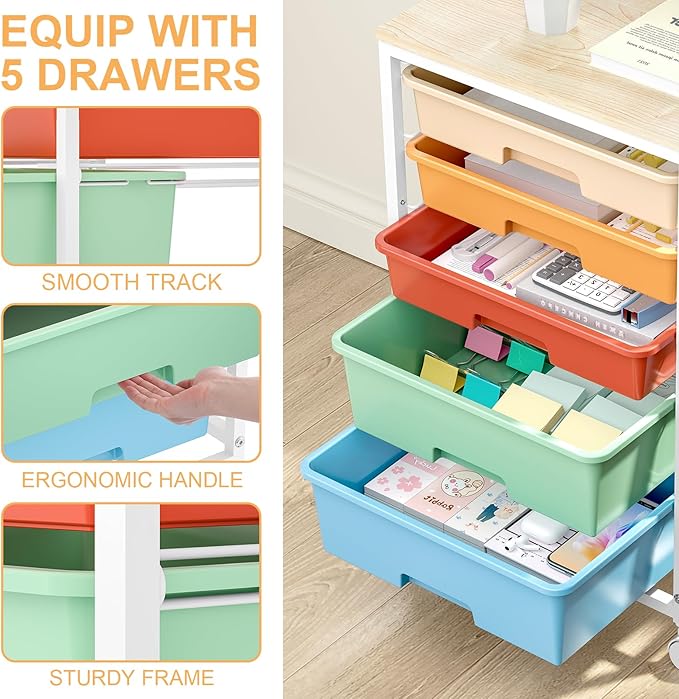 Craft cart,Rolling Cart with Drawers,Storage Cart with 5 Drawers and Wooden Tabletop for Under Desk Organizers and Storage,Macaron