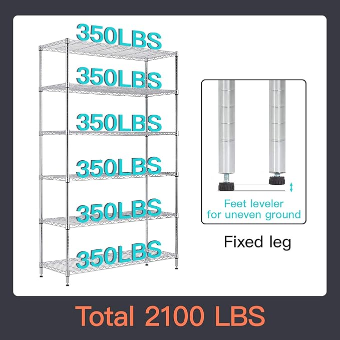 48" D×18" W×82" H Wire Shelving Unit Metal Shelf with 6 Tier Casters Adjustable Layer Rack Strong Steel for Commercial Restaurant Garage Pantry Kitchen Garage，Chrome-NeatNest
