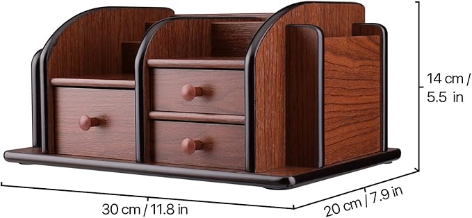 Flexzion Wooden Desk Organizer w/Drawers - Classic Wood Office Supplies Accessories Desktop Tabletop Sorter Shelf Rack Cherry Brown Pencil Holder Caddy Set with 3 Drawers, 3 Compartments & 2 Shelves-NeatNest