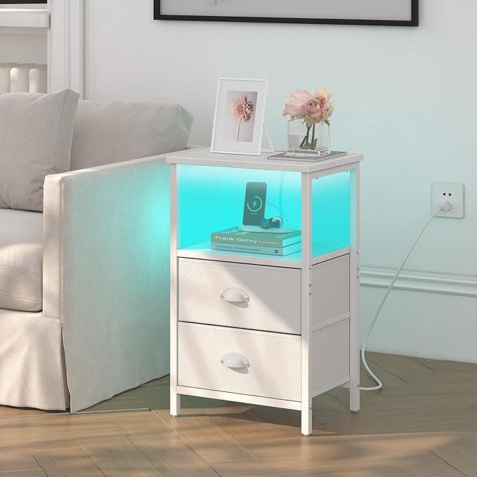 Nightstand with Charging Station, LED Night Stand with 2 Fabric Drawers PU Finish, Bedside Tables End Table with LED Light, 3-Tier Storage Side Table Nightstand with Drawers for Bedroom,White