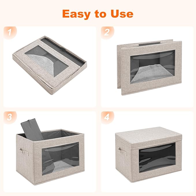 4-Pack Fabric Storage Bins with Lids, Foldable Storage Boxes with Handles & Clear Window, Closet Organizers for Clothes, Books (Oatmeal, 4PCS/11.4 x 8.6 x 6.7 in)-NeatNest