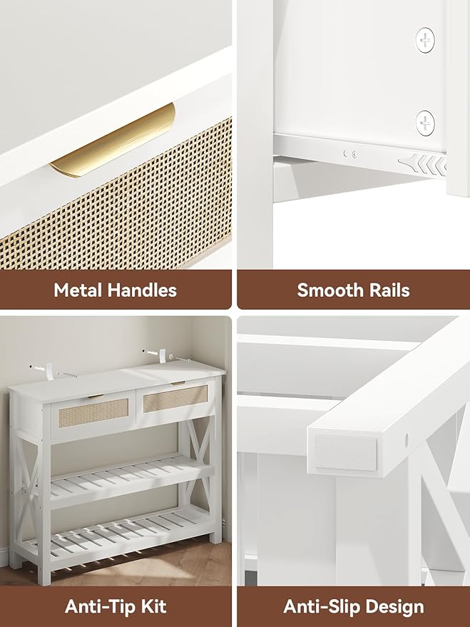 Console Table with 2 Rattan Drawers, Wooden Entryway Table with 3-Tier Storage Shelves, Display Shelf for Entryway, Hallway, Foyer and Living Room, White-NeatNest