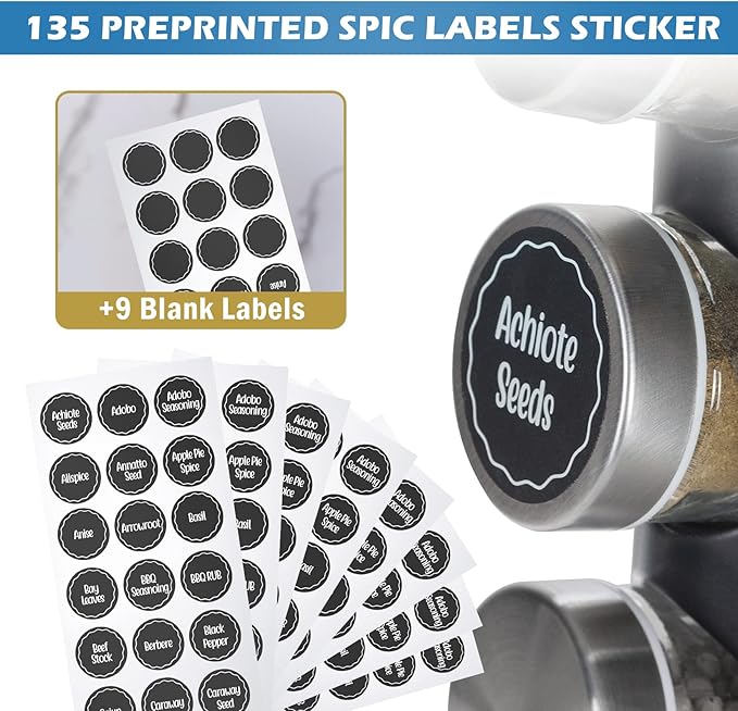 Black Countertop Revolving Spice Rack, Empty 20-Jars Rotating Spice Rack Organizer, Round Carousel Tower, 135 Spice Labels with Funnel Complete Set, for Kitchen Countertop, Cabinet-NeatNest