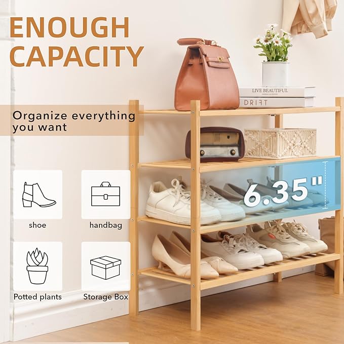 4 Tier Bamboo Shoe Rack Storage Organizer for Closet, Multifunctional Stackable Free Standing Shoe Shelf Organizer for Small Space,Entryway,Hallway,Bathroom 27"x11"x26"(Natural, 4 Tier)-NeatNest