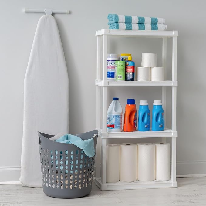 IRIS USA 4-Shelf Light Duty Plastic Storage Shelves, 200lb Capacity, 48" H x 24" W x 12" D, Medium Modular Shelving Unit Storage Organizer for Bathroom, Laundry, Garage & Home, Storage Rack - White