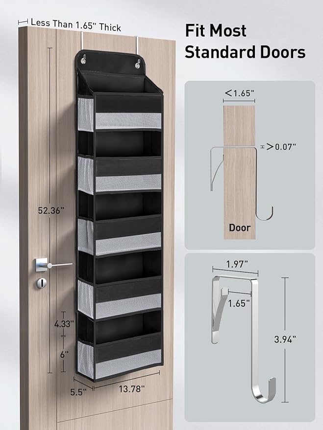 Yecaye 1 Pc Over the Door Organizer with 5 Bins 10 Side Pockets, 44lbs Load Hanging Bathroom and Bedroom Organizer, behind the Door Hanging Organizers for Nursery Newborn Baby Essential Stuff Black-NeatNest