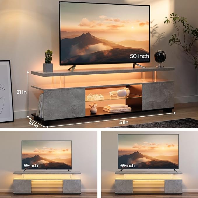 Grey TV Stand, LED TV Stand Modern Entertainment Center for Living Room LED Console Table for TV LED TV Cabinet for 65 inch TV-NeatNest
