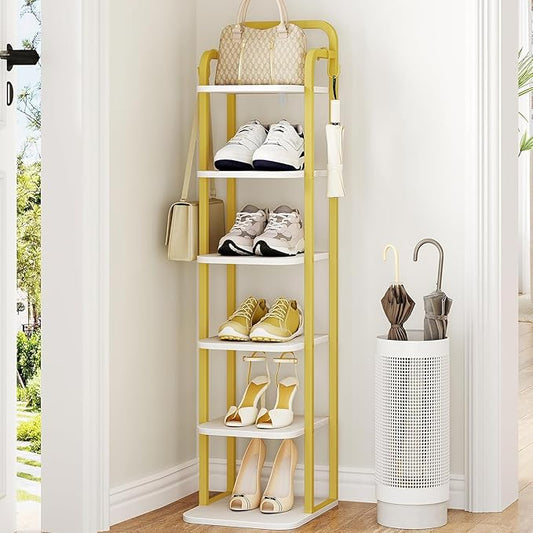 6 Tiers Vertical Shoe Rack, Narrow Shoe Tower, Tall Shoes Shelf with 2 Hooks, Adjustable Shelves, Corner Shoes Shelves for Small Spaces, Entryway, Living Room, White Gold SR04213A-NeatNest