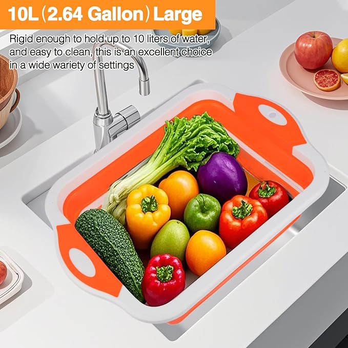 Collapsible BBQ Prep Tub/Cutting Board 10L, Foldable Dish Tub with Colander, Portable Camping Sink, Multifunction Dishing Basin Bucket Wash Tub for Kitchen Fruit Vegetable Picnic (Orange)-NeatNest