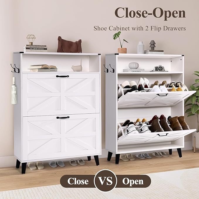Shoe Storage Cabinet for Entryway - Narrow Shoe Rack Cabinet with 2 Flip Drawers, Shoe Organizer with Adjustable Shelves Free Standing Slim Hidden Shoe Cabinet with Hooks for Hallway Foyer Garage-NeatNest
