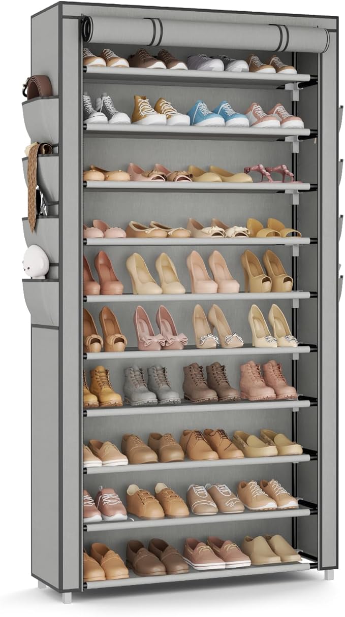 VTRIN Tall Shoe Rack with Cover, 10 Tier Shoe Organizer Storage for 50-55 Pairs Shoes and Boots Large Capacity Shoe Shelf with 8 Pockets Free Standing Shoe Rack for Closet, Entryway, Garage, Grey-NeatNest