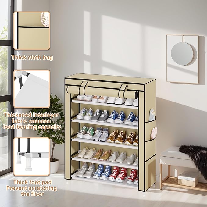 Laiensia 5-Tier Vertical Shoe Rack Organizer, Space Saving Shoe Storage Organizer, Non-Woven Cover Shoe Shelf Holds 20-25Pairs for Bedroom, Hallway, Closet Entryway, Beige-NeatNest