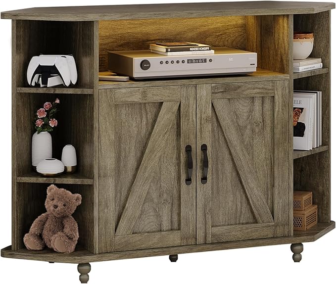 4 EVER WINNER Corner TV Stand for 50 Inch TV, Farmhouse Corner Entertainment Center with Led Light, Open Storage, Adjustable Shelves, TV Cabinets for Living Room, Bedroom, Grey-NeatNest