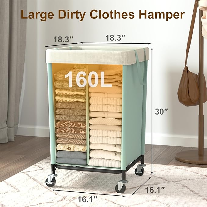 WOWLIVE 160L Rolling Laundry Hamper with Wheels, Heavy Duty Laundry Basket, Large Laundry Cart with Steel Frame and Removable Bag, Dirty Clothes Hamper for Home, Closet, Dorm, Bathroom, Mint Green