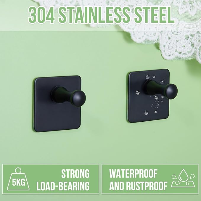2 Packs Matte Black Adhesive Wall Hooks, Heavy Duty Bathroom Towel Hooks 304 Stainless Steel Waterproof Sticky Towel Holder Shower Hook for Bathroom Kitchen Hanging Hat Robe Coat Bags