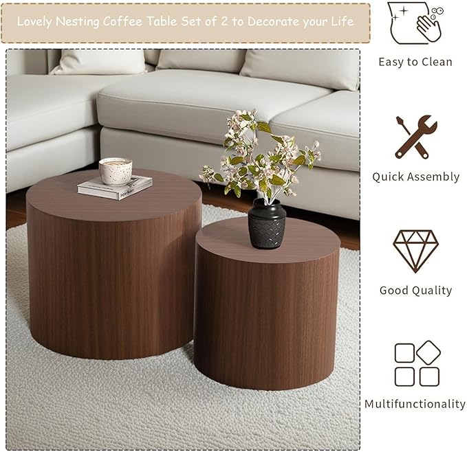 Modern Round Nesting Coffee Table Set of 2, Vertical Stripe Design Drum Coffee Table Cocktail Table, Round Side Table for Living Room, Bedroom, Office, Balcony (G14.6+18.1")