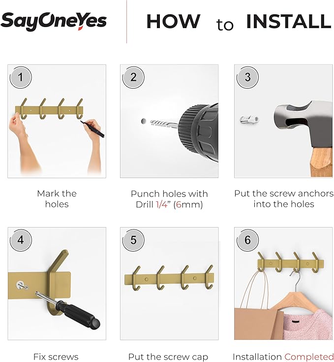 Brushed Gold Wall Mounted Coat Rack – 12 Inch Stainless Steel Rail with 4 Double Coat Hooks for Entryway, Bathroom, Bedroom, Kitchen – Modern Gold Hook Rack for Coats, Hats, Towels-NeatNest