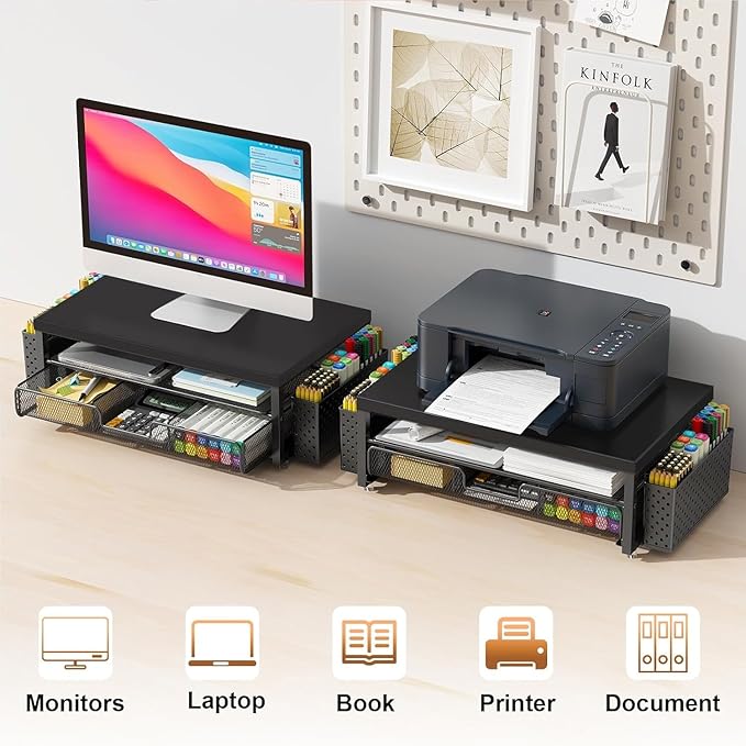 gianotter Wood Monitor Stand Riser, Office Desk Shelf Organizer, Desk Organizer with Drawer and Pen Holder, 2-Tier Computer Stand, Office Organization (Ink)-NeatNest