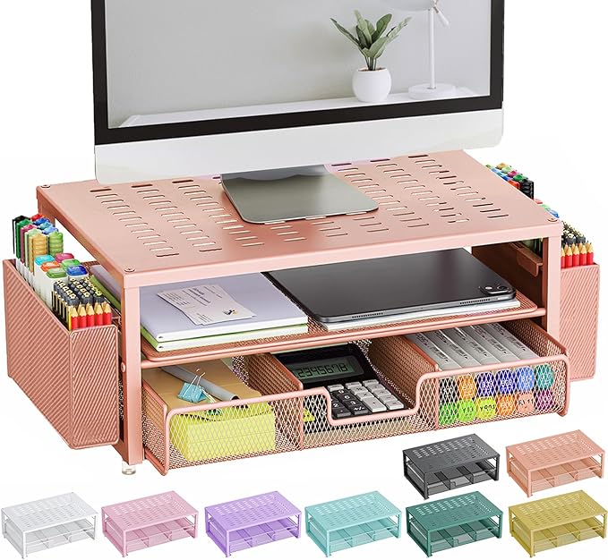 gianotter Desk Organizers and Accessories, Monitor Stand with Drawer and 2 Pen Holder, Desktop Organizer Suitable for Offices and Dormitories (Rose Gold)-NeatNest