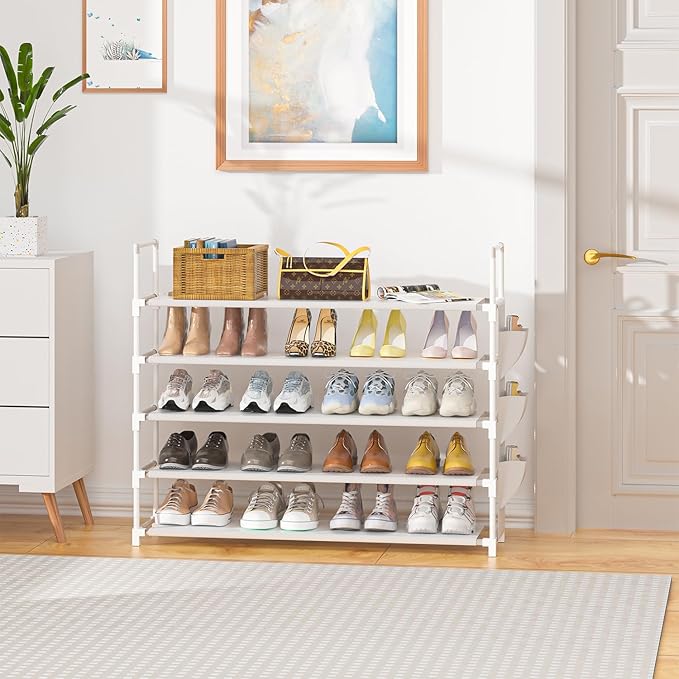 5 Tier Shoe Organizer, 33.3in Wide x 11.2in Deep x 35.6in Tall, Black Metal and Plastic Shoe Rack with Side Bag, Holds 20-25 Pairs of Shoes-NeatNest