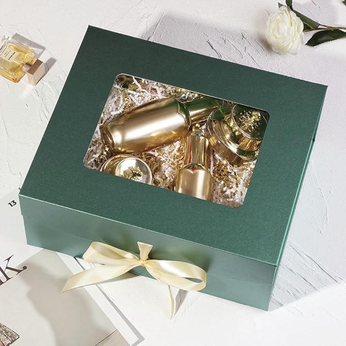 5 Pcs Green Gift Box for Presents with Ribbon 13.2x11x5.3 Inches Clear Gift Box with Window Magnetic Closure Gift Boxes with Lids-NeatNest