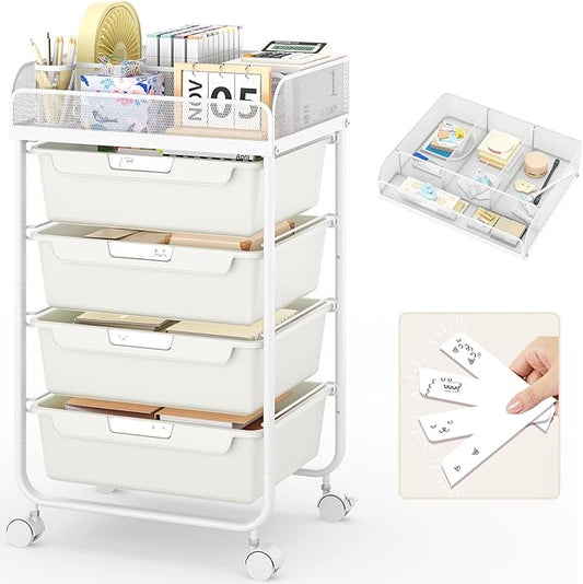 Rolling Cart with 4 Drawers,Craft Cart,Rolling Storage Cart with Drawer,Storage Cart with Drawers, Utility Cart with Drawers,Rolling Drawer Cart & 4 Dividers & 4 PCS DIY Lable,White