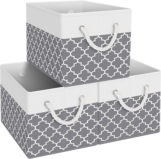 Fab totes Storage Bins [3-Pack], Foldable Storage Baskets for Organizing Toys, Books, Shelves, Closet, Large Storage Box with Rope Handles, Sturdy Organizer Bins,Clover Grey-NeatNest