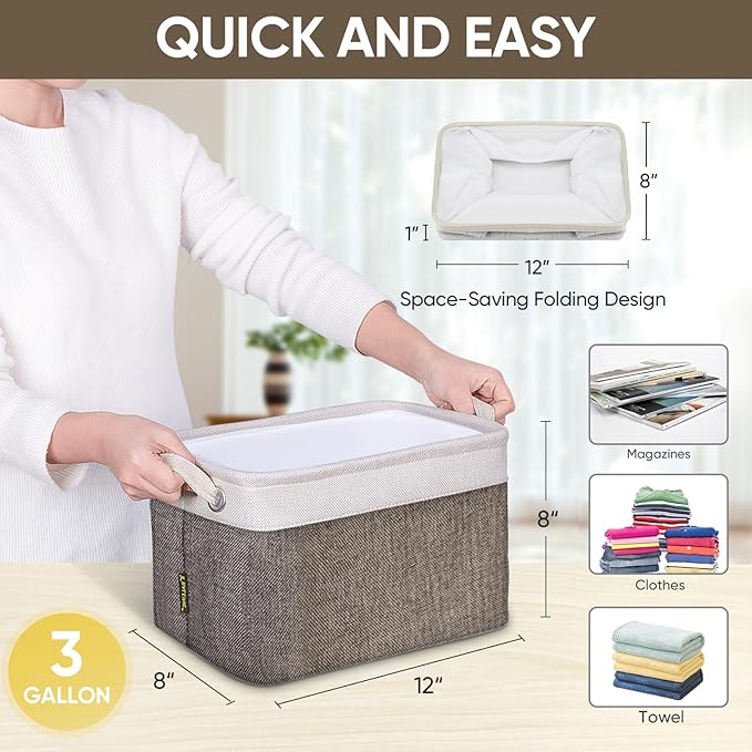 BALEINE 2 Pack Fabric Storage Bins for Shelves, Linen Storage Baskets for Organizing, Decorative Closet Bins for Clothes, Home (Brown, 12"x8"x8")-NeatNest