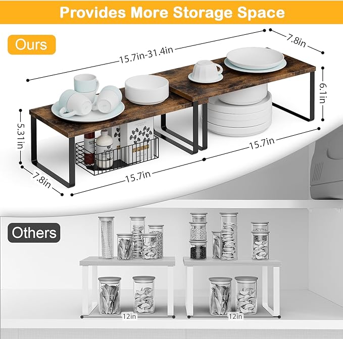 Cabinet Shelf Organizers, 15.7 inches Large Kitchen Counter Shelf, Set of 4 Wood Kitchen Pantry Organizer, Storage Shelves for Countertop, Spice Rack, Stackable, Expandable, Metal Black, Brown-NeatNest