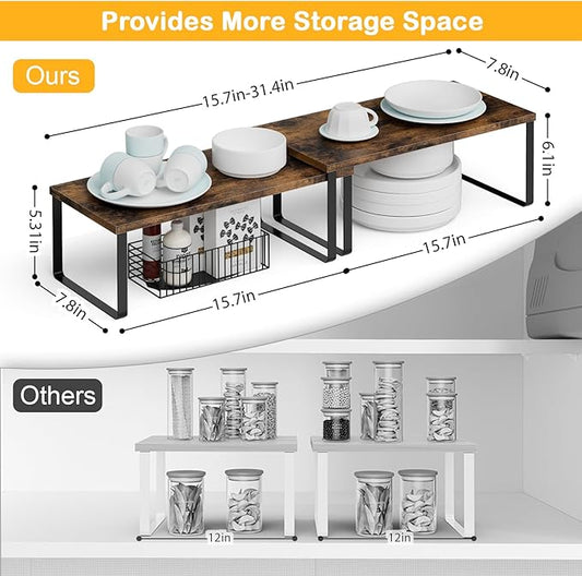 Cabinet Shelf Organizers, 15.7 inches Large Kitchen Counter Shelf, Set of 4 Wood Kitchen Pantry Organizer, Storage Shelves for Countertop, Spice Rack, Stackable, Expandable, Metal Black, Brown-NeatNest